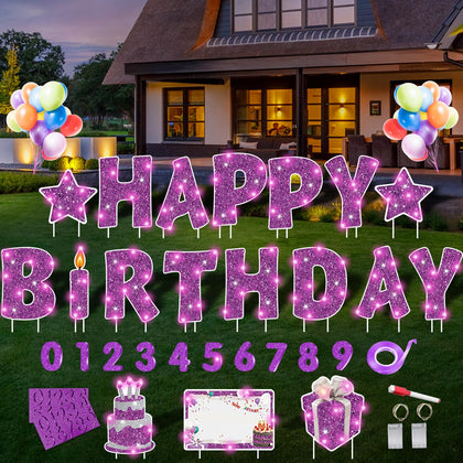 Rtshuok Happy Birthday yard sign with LED light strings for outdoor celebrations.