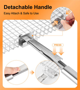RTT Grill Basket Removable Handle allows cool, safe flipping on the grill.