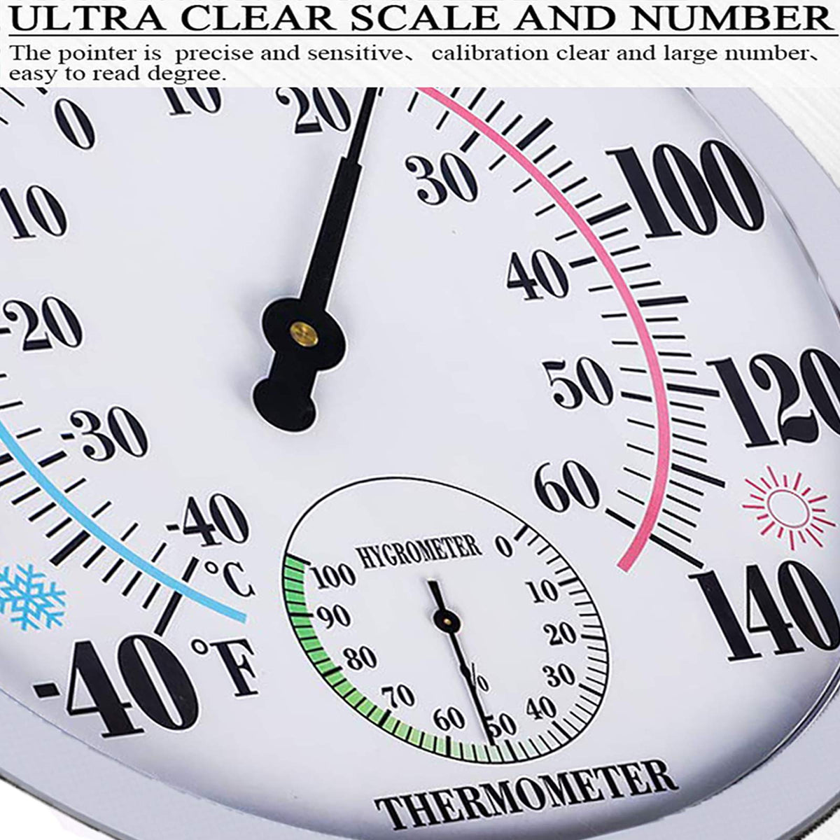 RTWAW thermometer close-up dial shows bold numerals for quick checks.