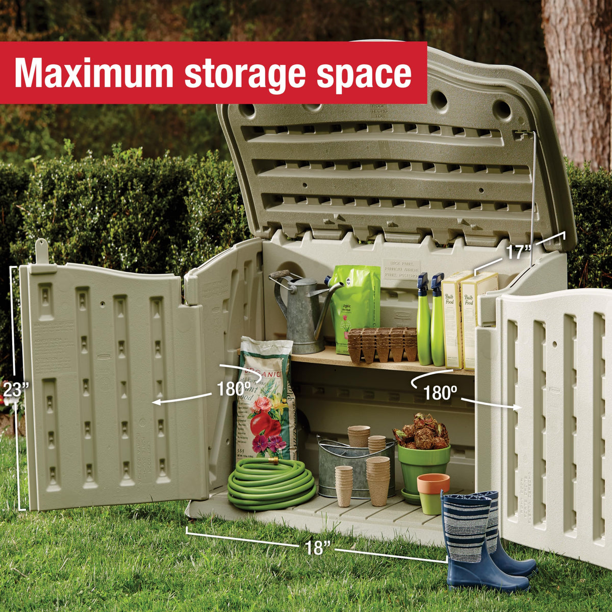 Rubbermaid beige brown weather-resistant shed exterior blends with patios