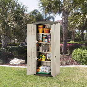 Rubbermaid Compact Vertical Shed door-open demonstrates easy tool access.