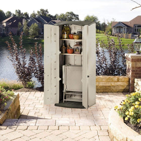 Rubbermaid Compact Vertical Shed flooring detail highlights durable, maintenance-free base.