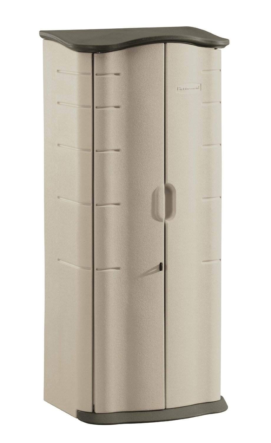 Rubbermaid Compact Vertical Shed front view highlighting space-saving design for tools and outdoor gear.
