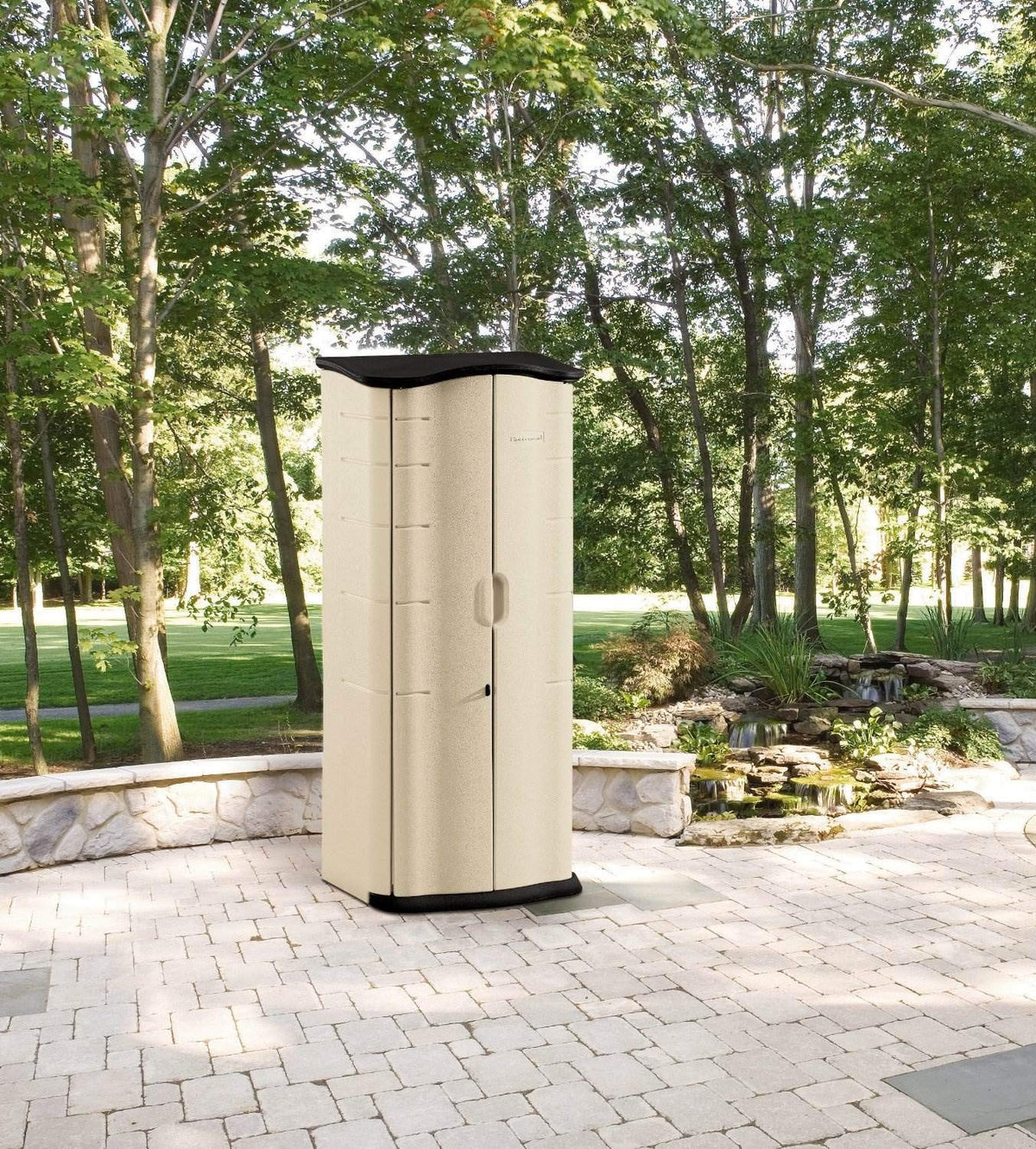 Rubbermaid Compact Vertical Shed side view shows slim profile for tight patios.