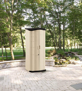 Rubbermaid Compact Vertical Shed side view shows slim profile for tight patios.