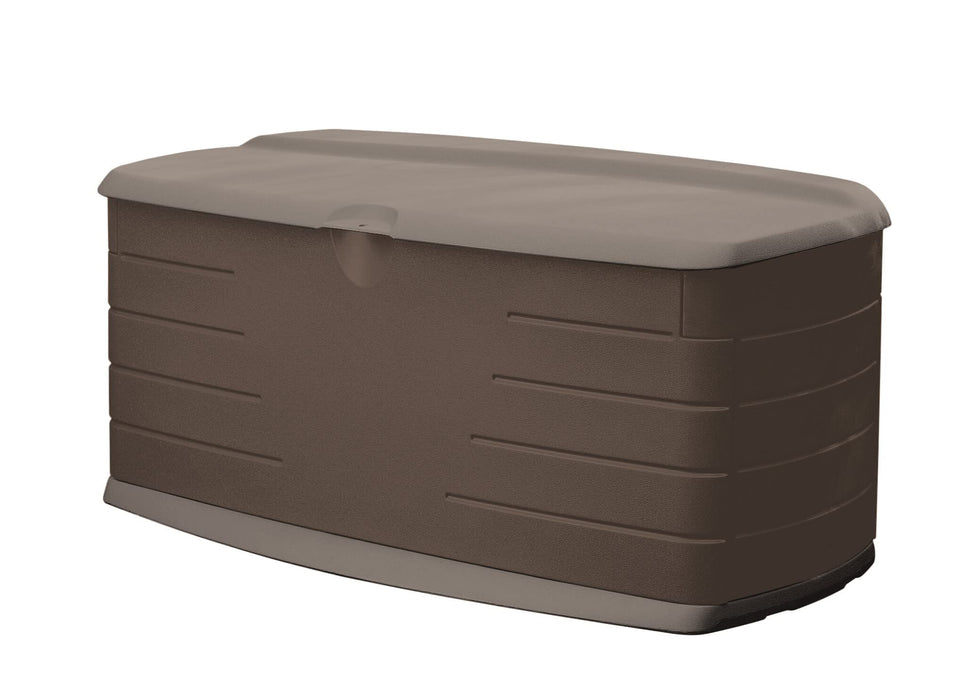 Rubbermaid deck box 90gal storage for outdoor cushions and toys.