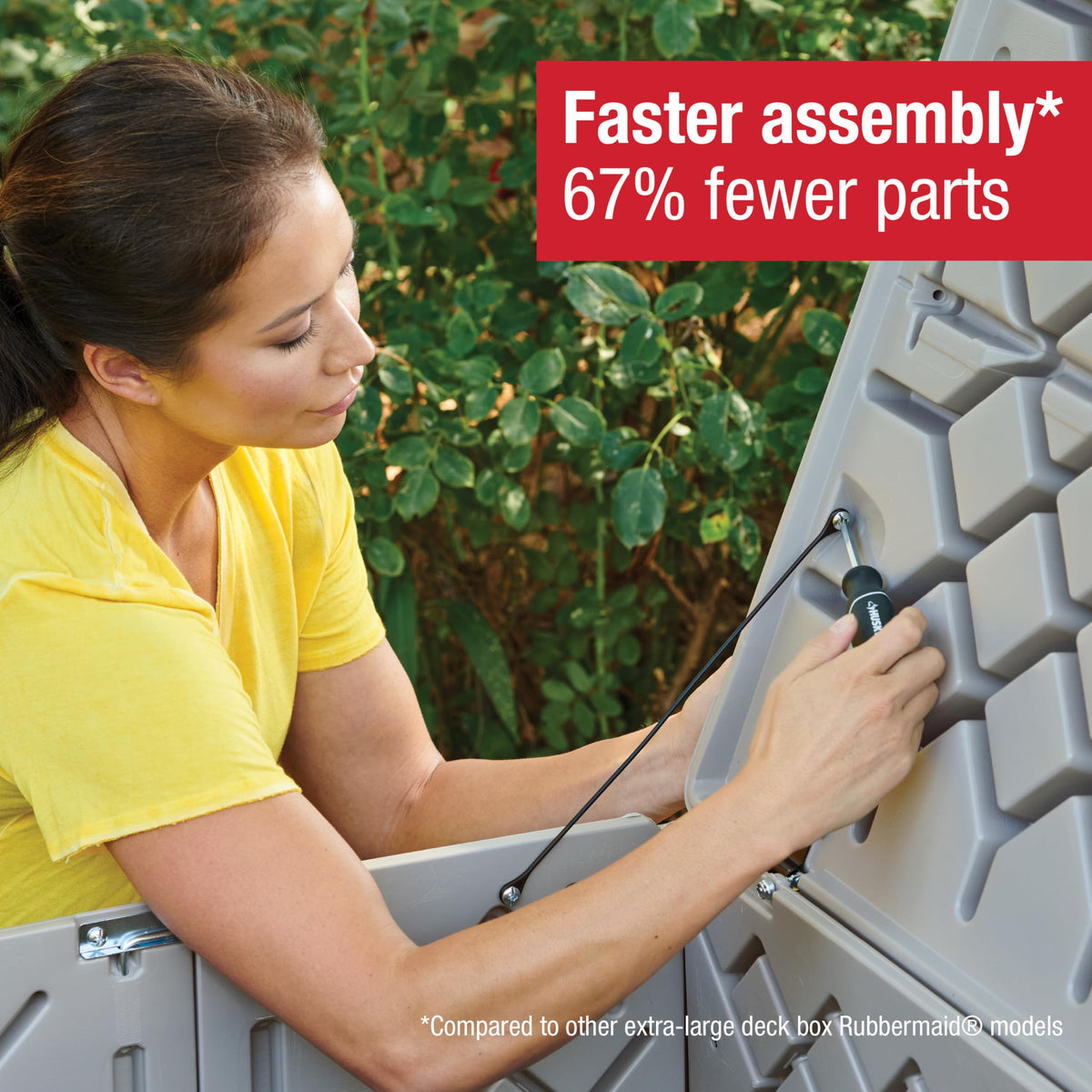 Rubbermaid deck box assembly with far fewer parts for quick setup
