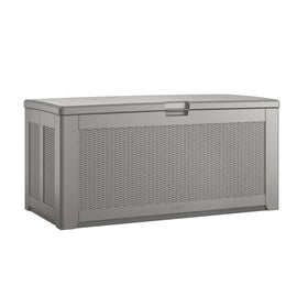 Rubbermaid deck box front view 134 gal capacity for weather-resistant outdoor storage