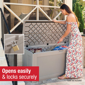Rubbermaid deck box rain-ready resin stores outdoor gear and garden tools