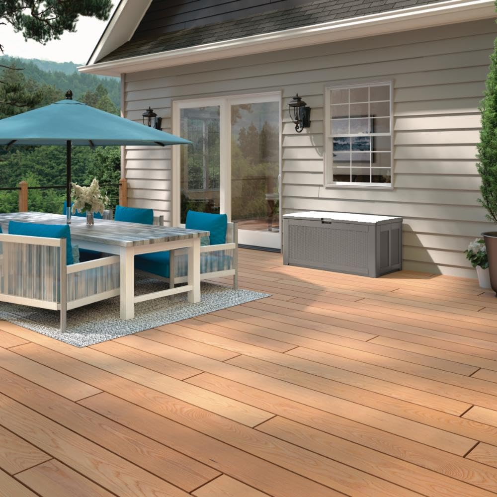 Rubbermaid deck box lid open shows ample space for cushions and pool toys