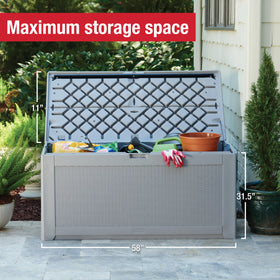 Rubbermaid deck box top used as seating surface in outdoor patio