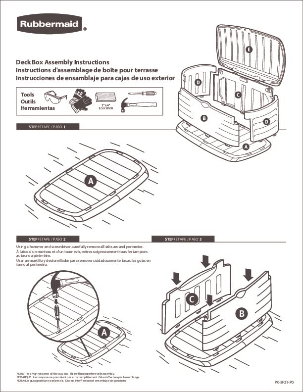 Rubbermaid deck box organizes cushions, tools, and pool gear.