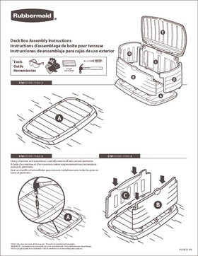 Rubbermaid deck box organizes cushions, tools, and pool gear.