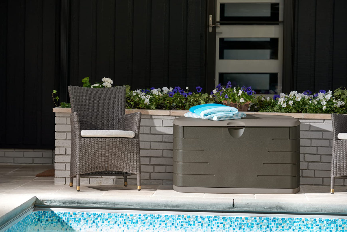 Outdoor setup using Rubbermaid deck box for organized yard essentials