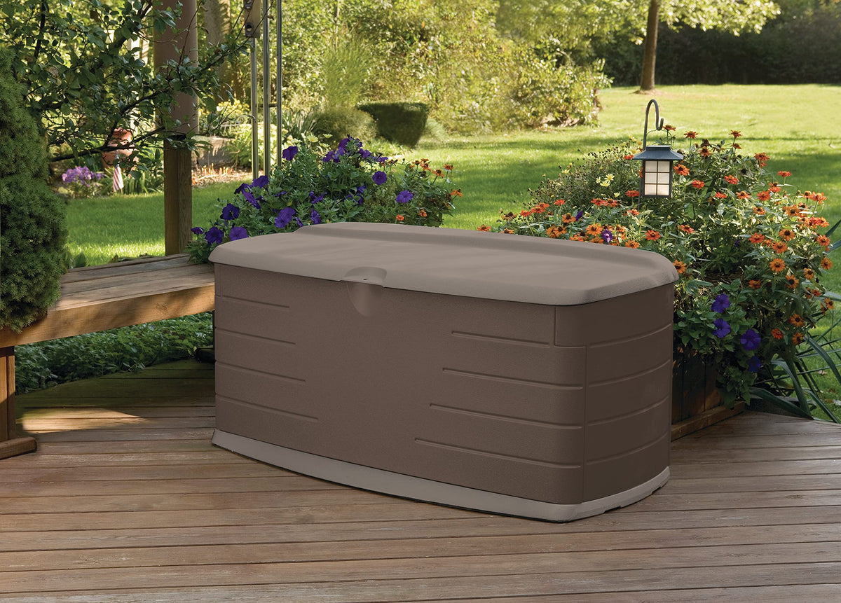Rubbermaid deck box resin material for durable, weather-resistant use.