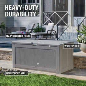 Rubbermaid deck box side view highlights double-wall construction for added durability