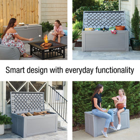 Rubbermaid deck box lid closed demonstrates lockable design for security