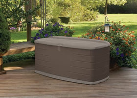 Rubbermaid deck box brown exterior resists fading and weather.