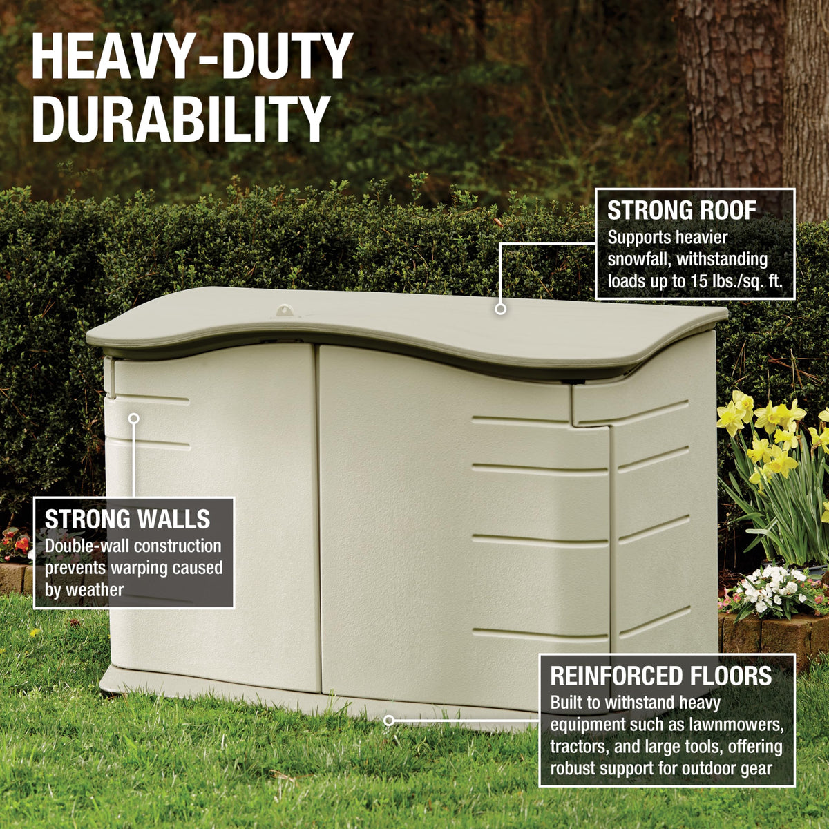 Rubbermaid resin outdoor storage shed floor close-up highlights durable flooring
