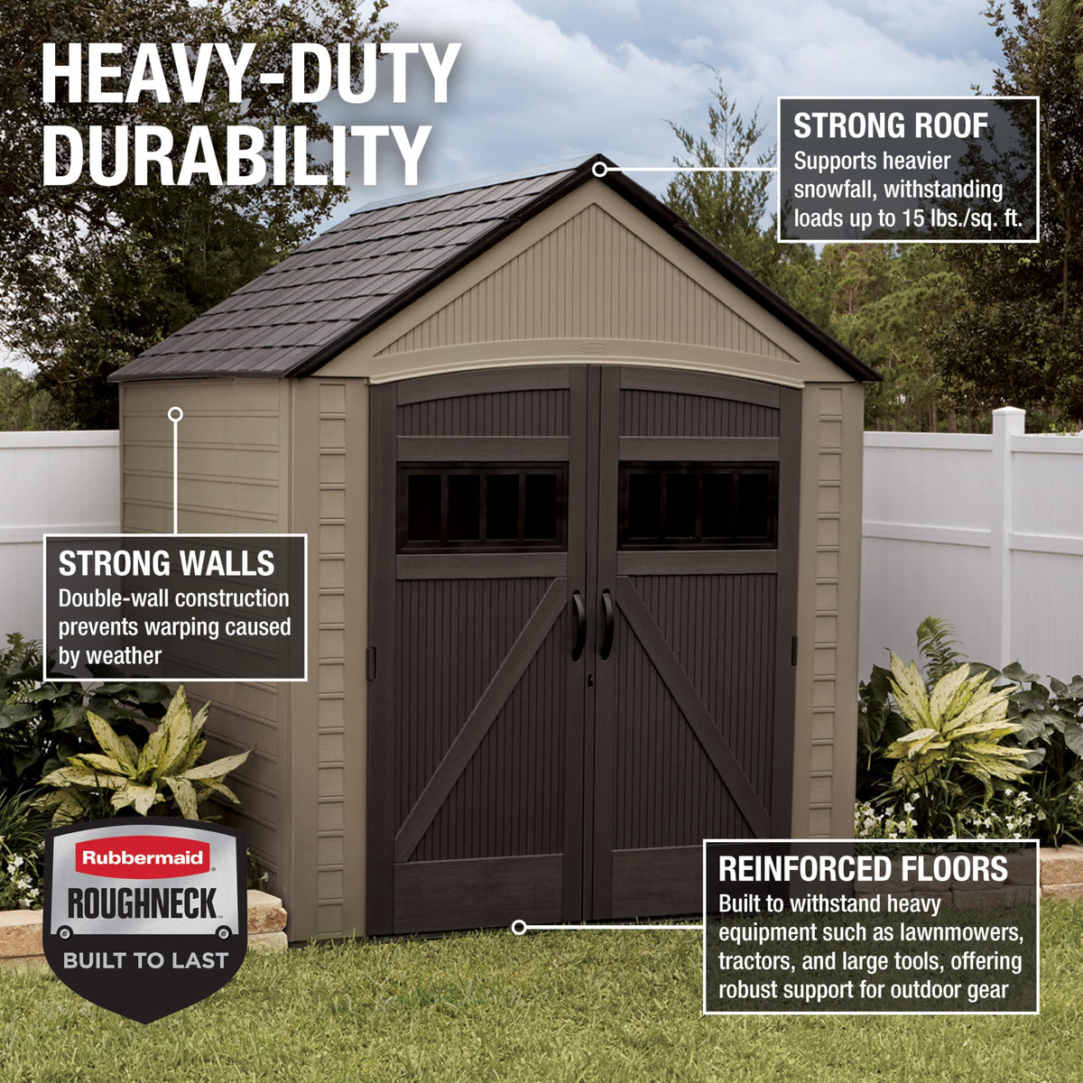 Rubbermaid shed front with 180-degree door for easy access to large items.