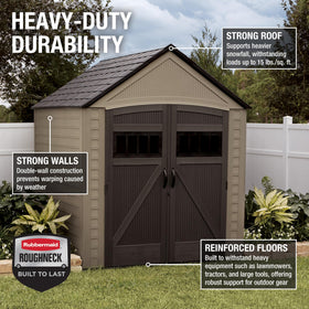 Rubbermaid shed front with 180-degree door for easy access to large items.