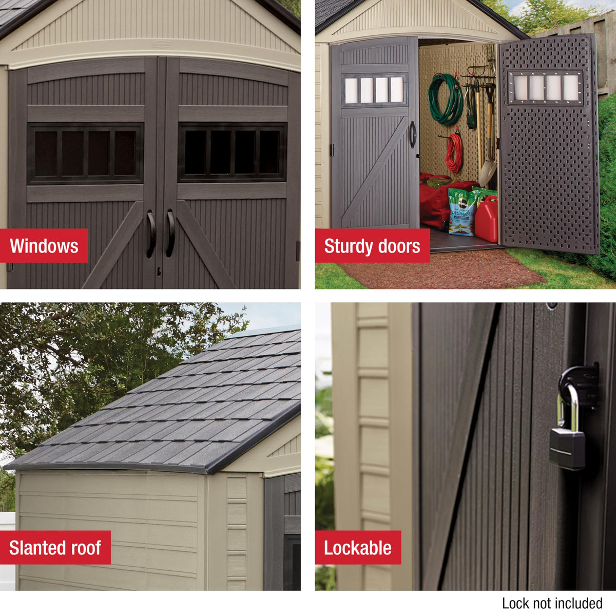 Rubbermaid shed lockable door adds security for tools.