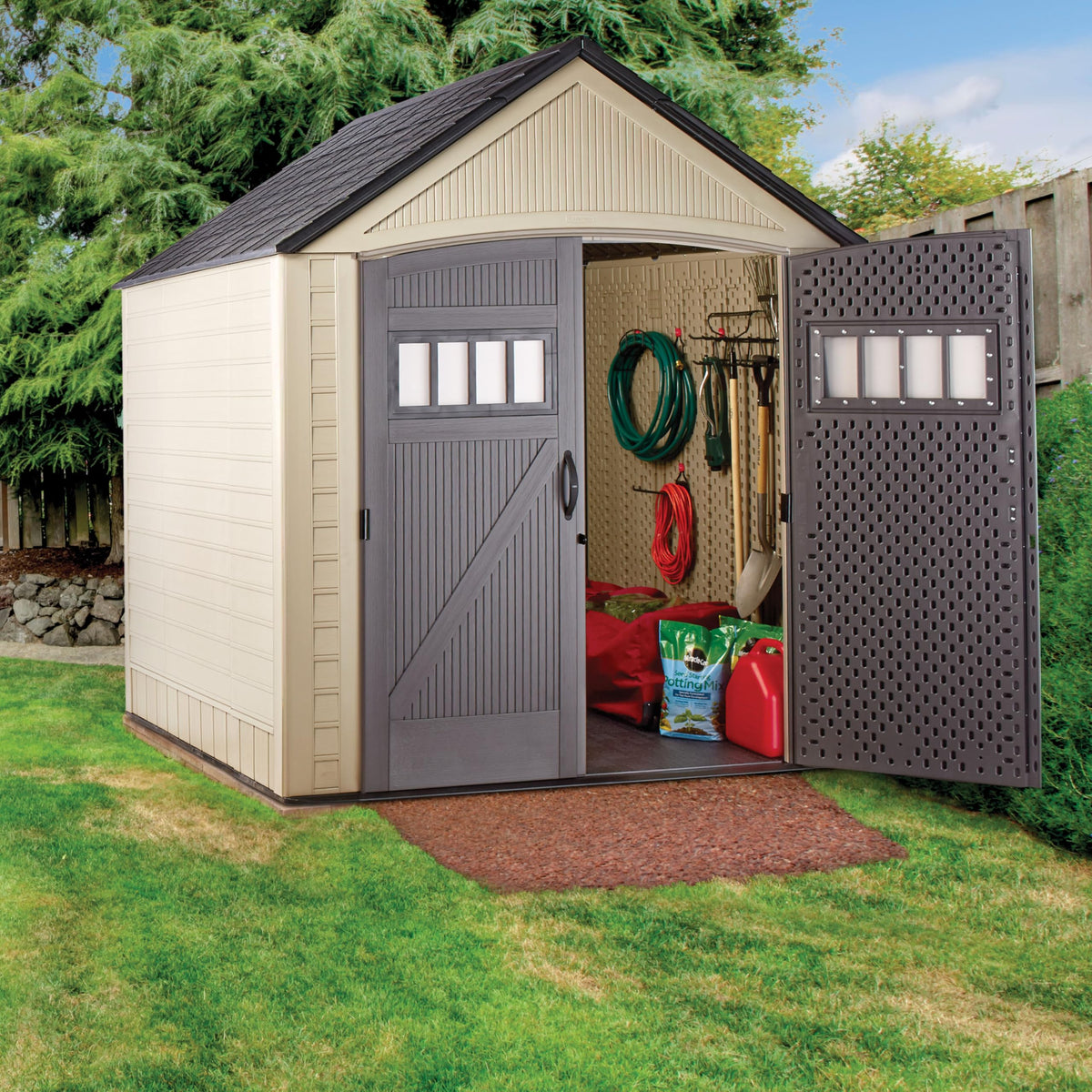 Rubbermaid shed interior offers versatile storage ideas for tools.