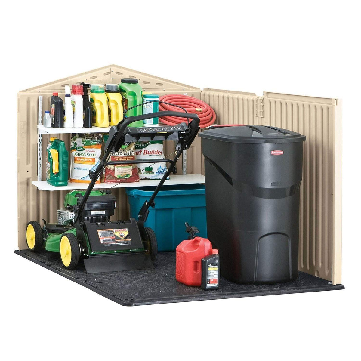 Rubbermaid Slide-Lid Shed interior organization for bikes and mower