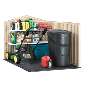Rubbermaid Slide-Lid Shed interior organization for bikes and mower