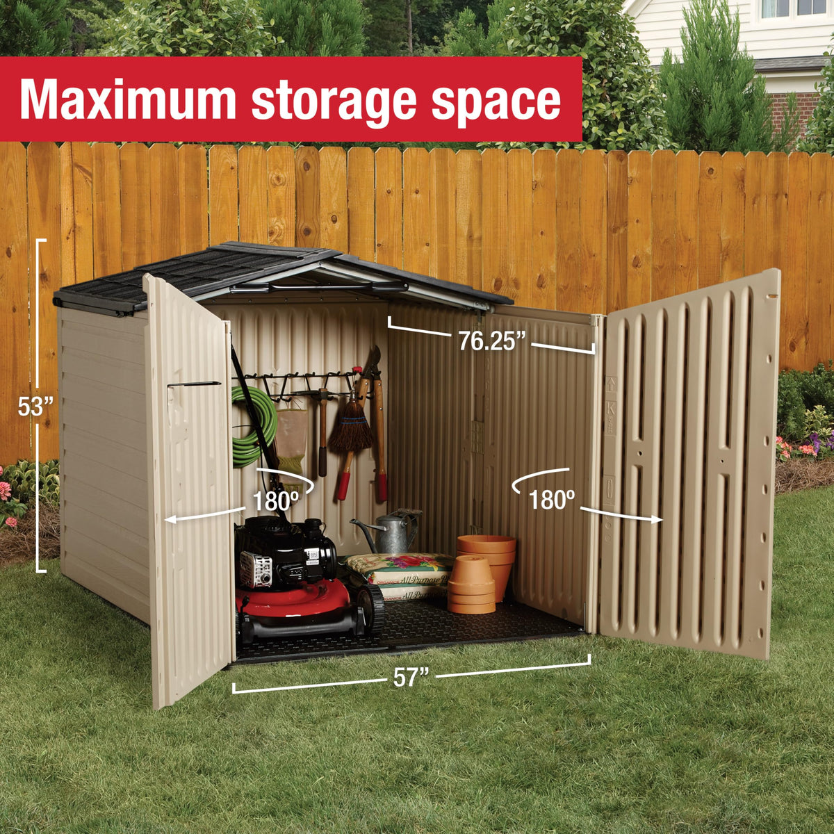 Rubbermaid Slide-Lid Shed lid-open view for easy back-item access