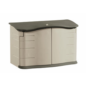 Rubbermaid small horizontal storage shed front view for discreet yard organization