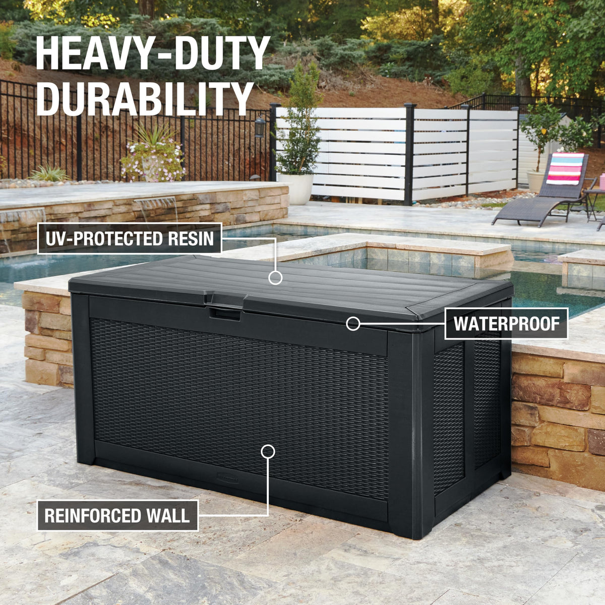 Rubbermaid X-Large Deck Box lid provides water-tight protection.