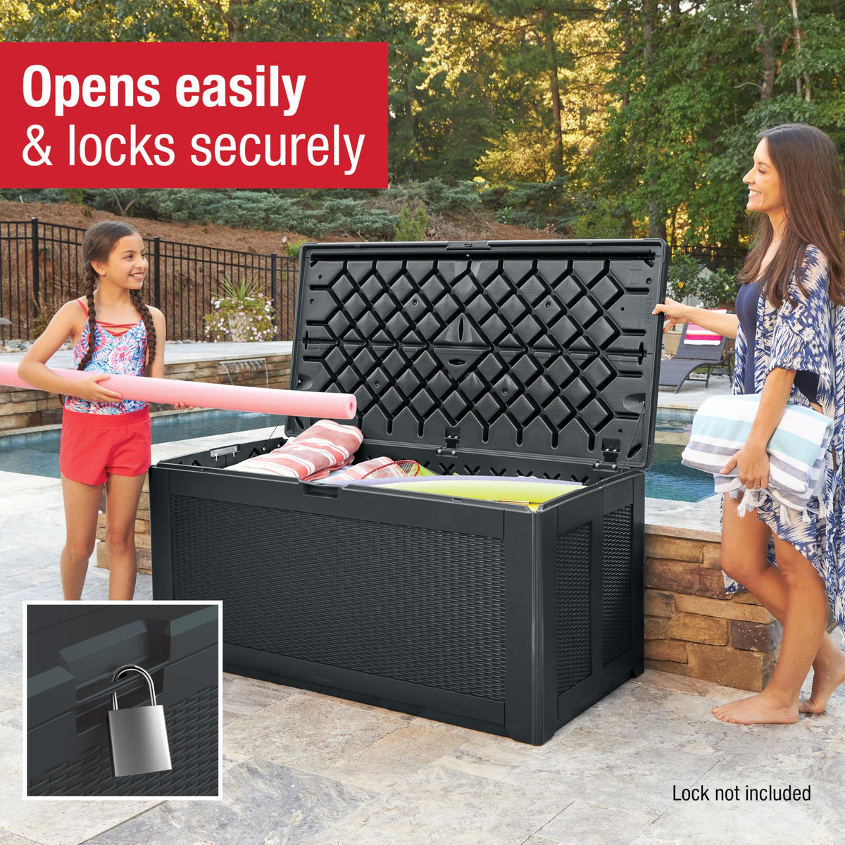 Lockable feature adds security for outdoor storage.