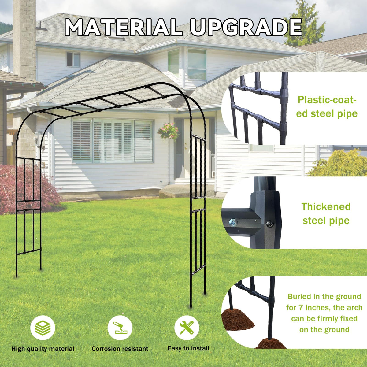 RUCOIN PE-coated arch resists rust for outdoor use