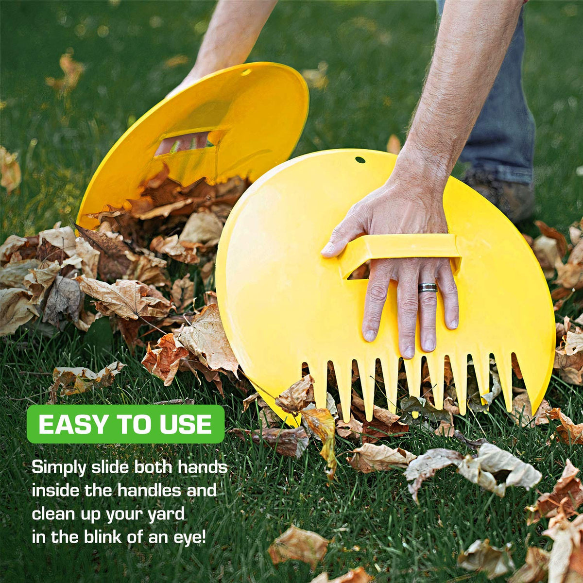 Yard scene with Rugg scoops gathering leaves effortlessly