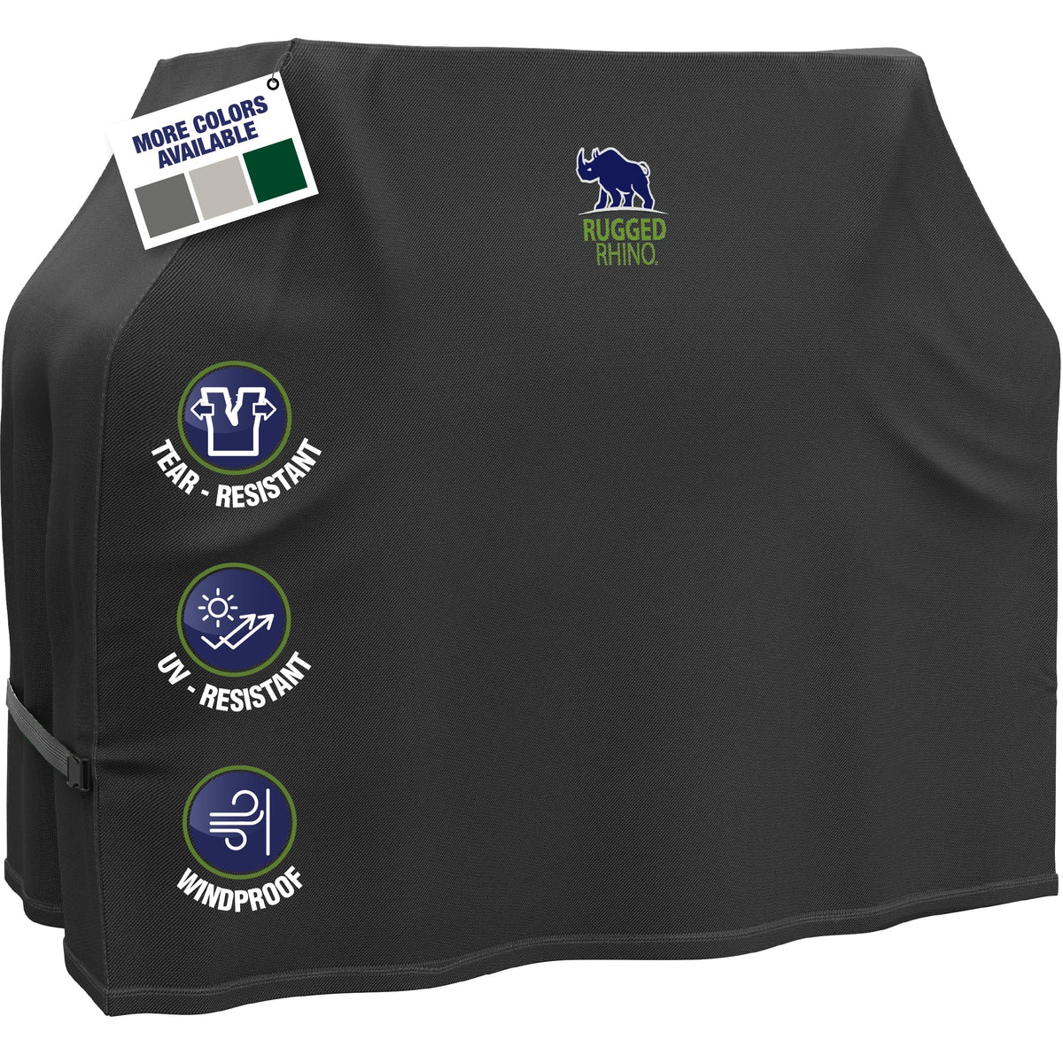 Rugged Rhino 58-inch grill cover protecting outdoor grill from sun and rain