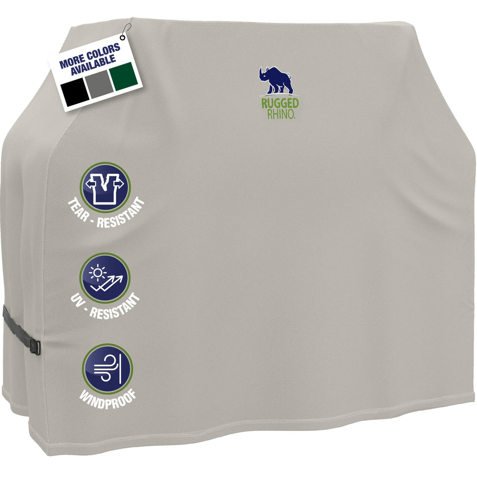Rugged Rhino 58-inch grill cover protects against rain with waterproof construction.
