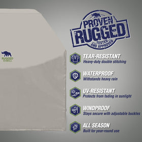 Rugged Rhino beige grill cover provides UV protection for sunny summer grilling.