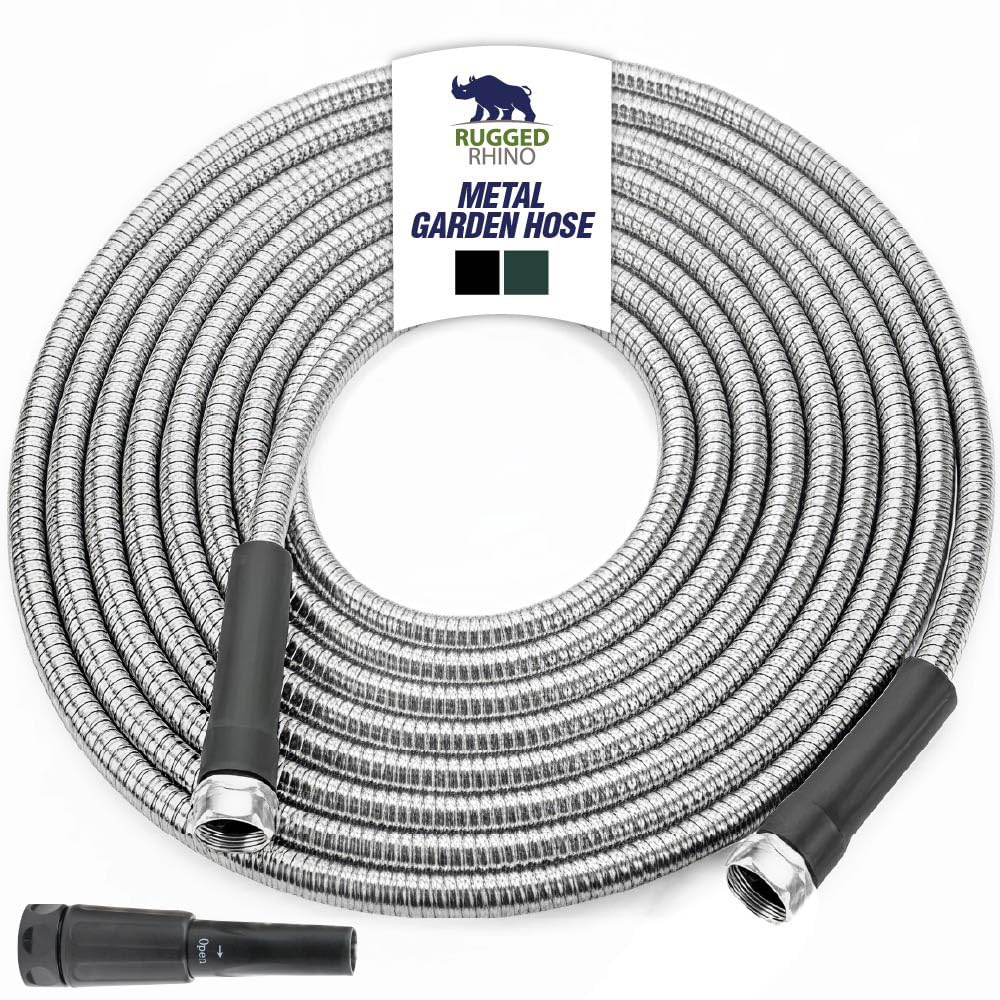 Rugged Rhino 50ft metal garden hose coiled for easy storage and handling