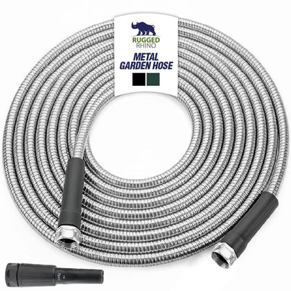Rugged Rhino 50ft metal garden hose coiled for easy storage and handling