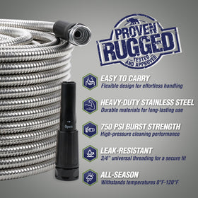 Rugged Rhino metal hose with stainless steel exterior showcasing durability
