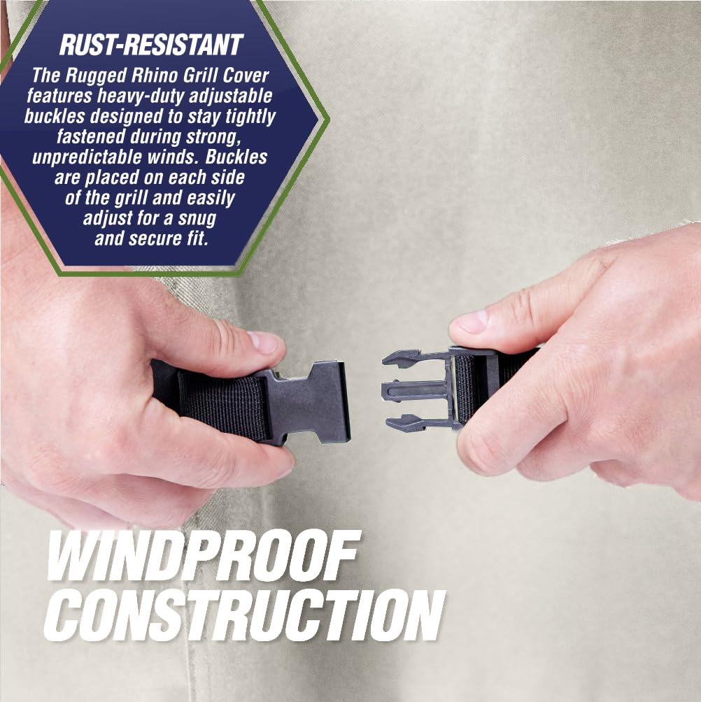 Rugged Rhino windproof design with straps keeps your grill secure.