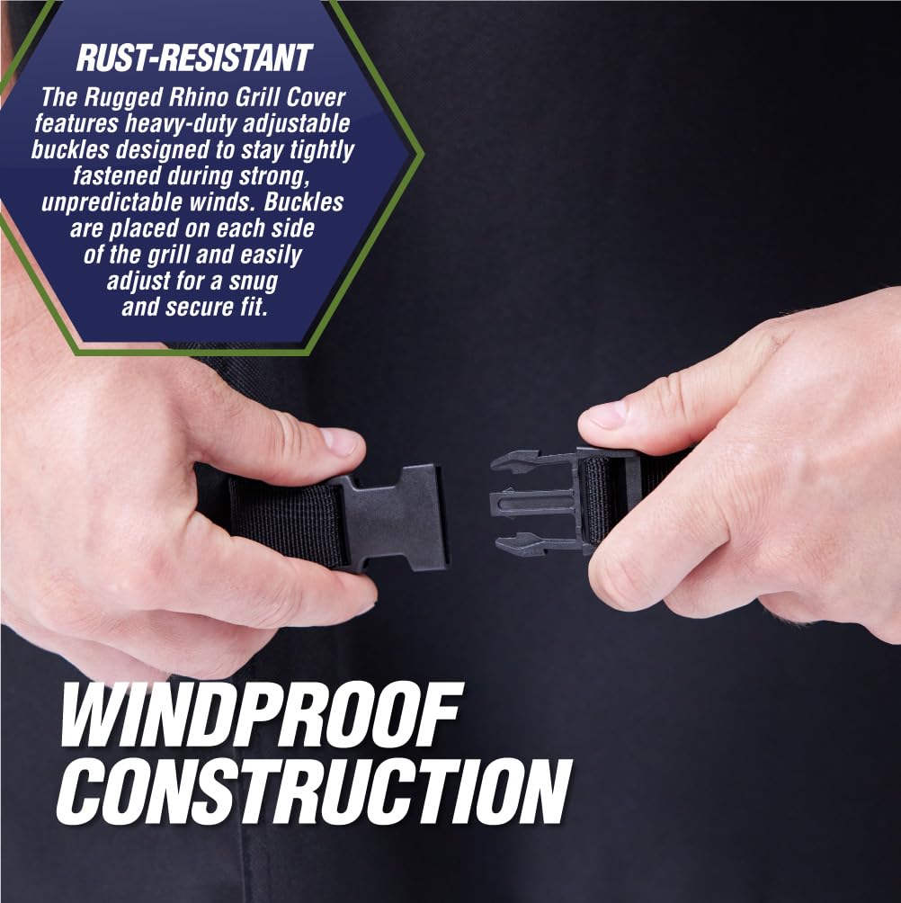 Rugged Rhino windproof grill cover with adjustable straps and buckles for secure fit