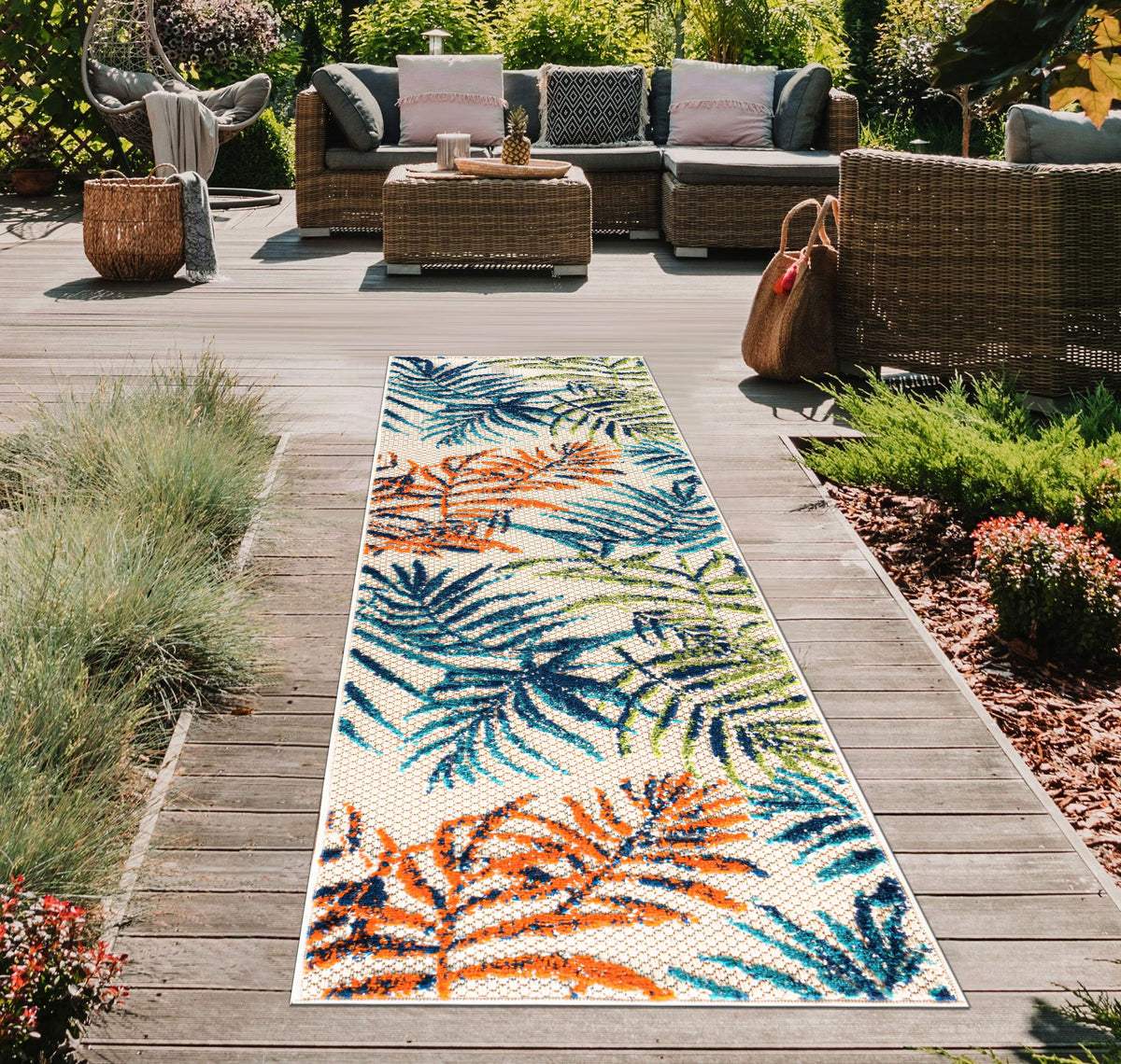 Rugshop Bahama Palm Frond low-profile weave fits tight spaces and prevents tripping.