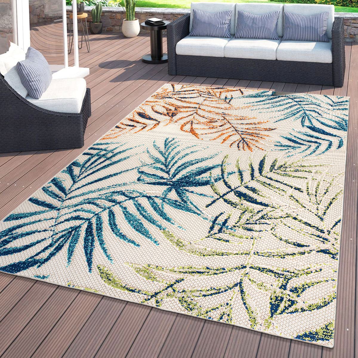 Rugshop Bahama Palm Frond outdoor patio rug for durable tropical flair and easy cleaning.