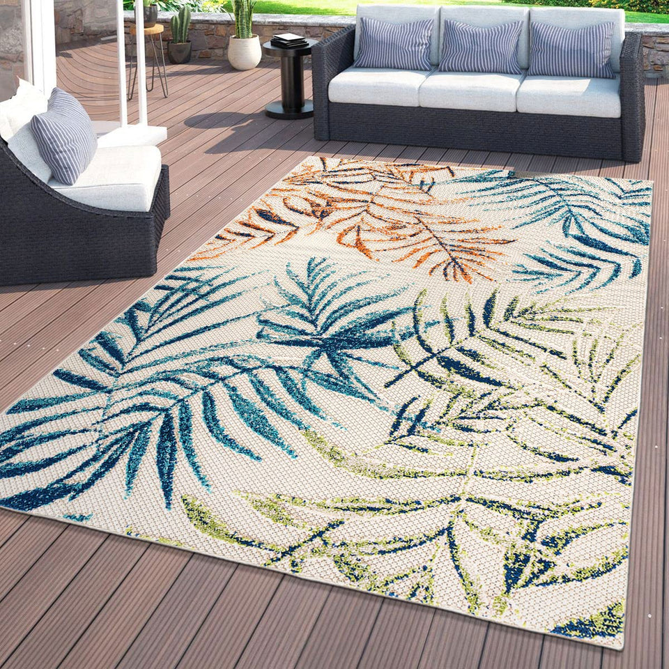 Rugshop Bahama Palm Frond outdoor patio rug for durable tropical flair and easy cleaning.