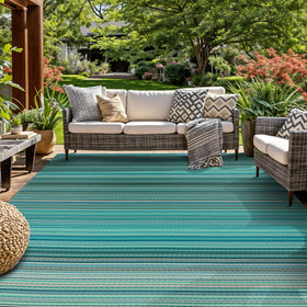 Rugshop Contemporary Stripe reversible outdoor rug in blue on patio, waterproof and stain resistant