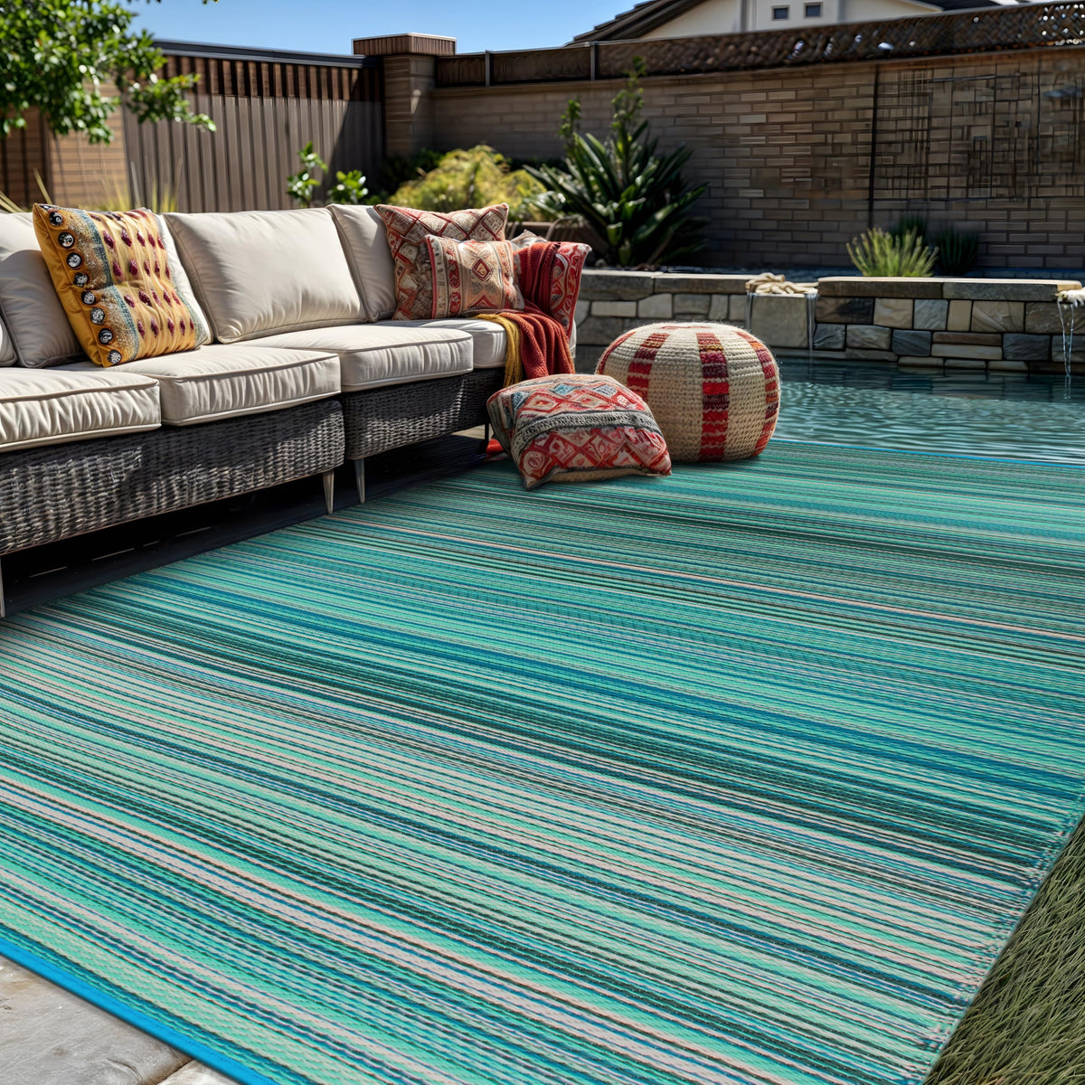 Rugshop stripe rug on camping site, stain-resistant and weather-ready