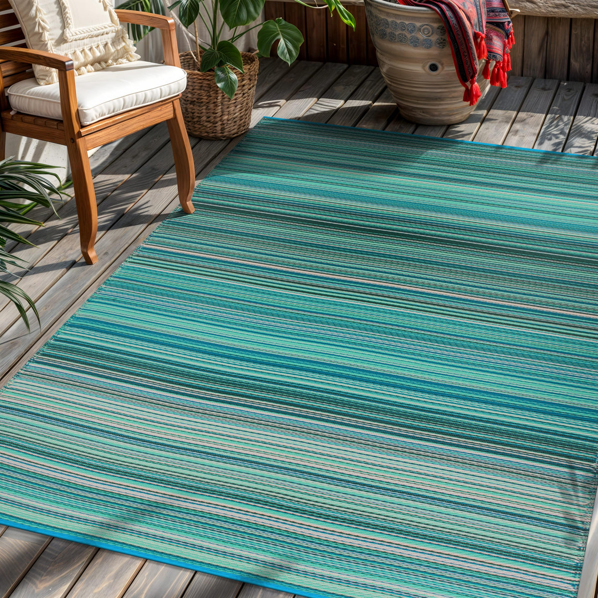 Rugshop easy-clean rug; rinse with hose and dry in sun for best results.