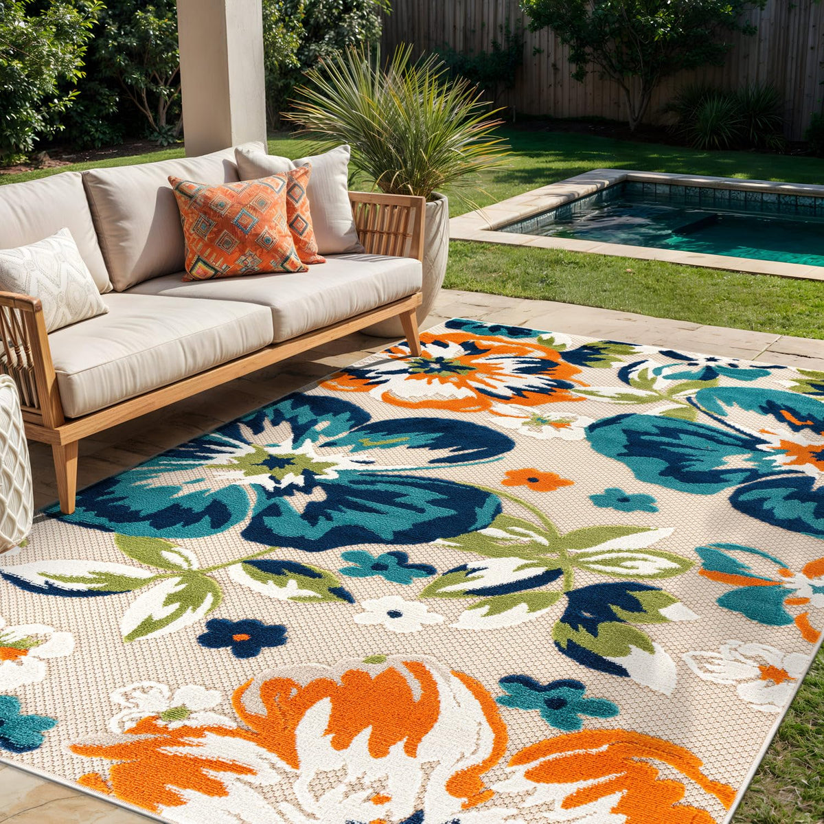 Rugshop Multi Bergamo floral patio-lounge rug enhances outdoor seating areas.